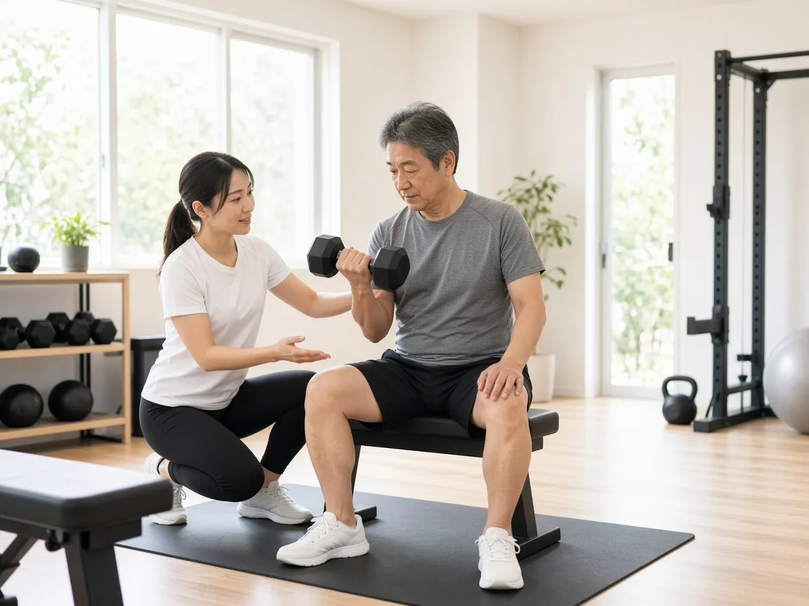 ジムでトレーニングに取り組む50代男性