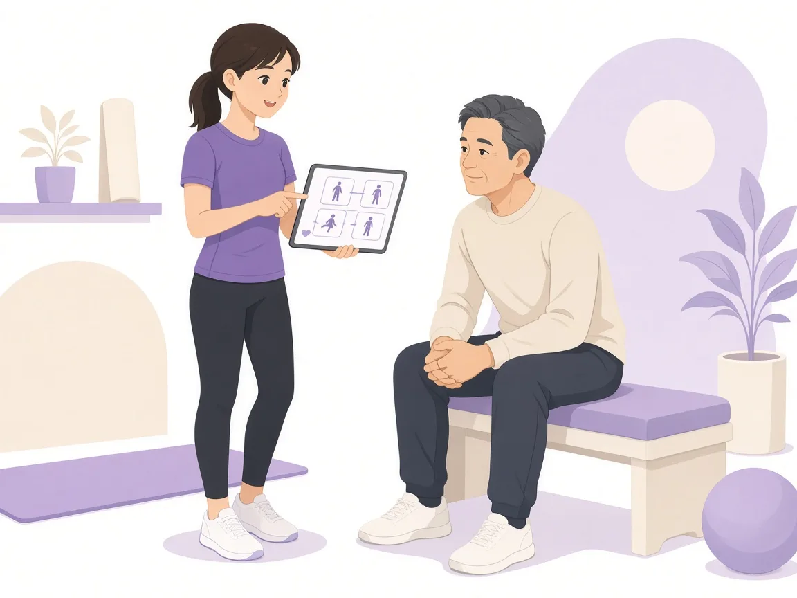 女性トレーナーが50代男性にトレーニングプランを提案する様子のイラスト