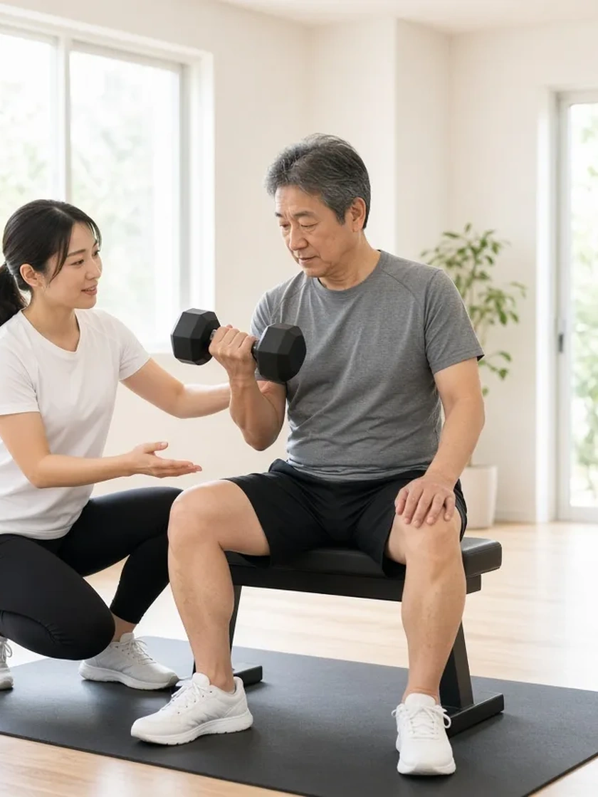50代男性がケーブルマシンで背中を鍛え、女性トレーナーがフォームを指導