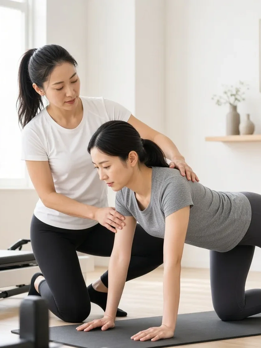 50代女性が膝に配慮したスクワットを行い、女性トレーナーがフォームを修正